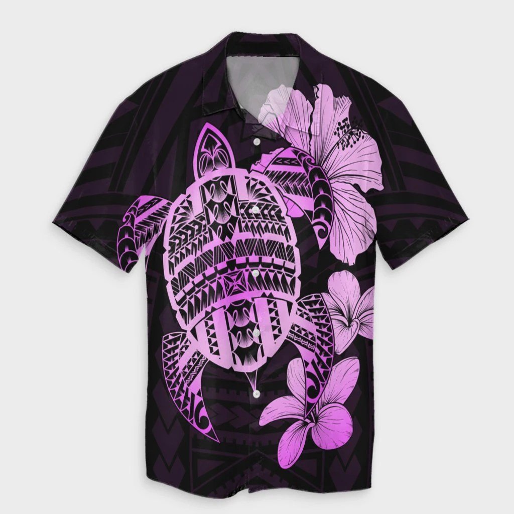 Hawaiian Kanaka Hibiscus Plumeria Mix Polynesian Turtle Hawaiian Shirt  Pink  