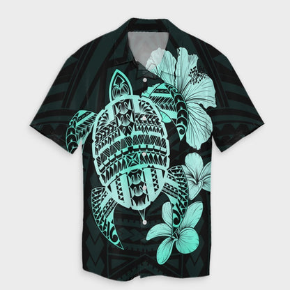 Hawaiian Kanaka Hibiscus Plumeria Mix Polynesian Turtle Hawaiian Shirt - Turquoise - AH