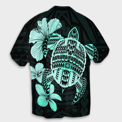 Hawaiian Kanaka Hibiscus Plumeria Mix Polynesian Turtle Hawaiian Shirt - Turquoise - AH