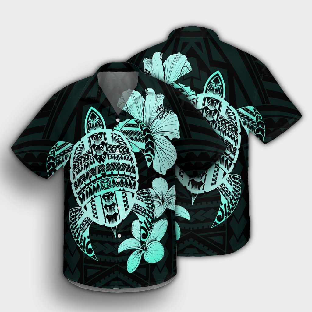 Hawaiian Kanaka Hibiscus Plumeria Mix Polynesian Turtle Hawaiian Shirt - Turquoise - AH