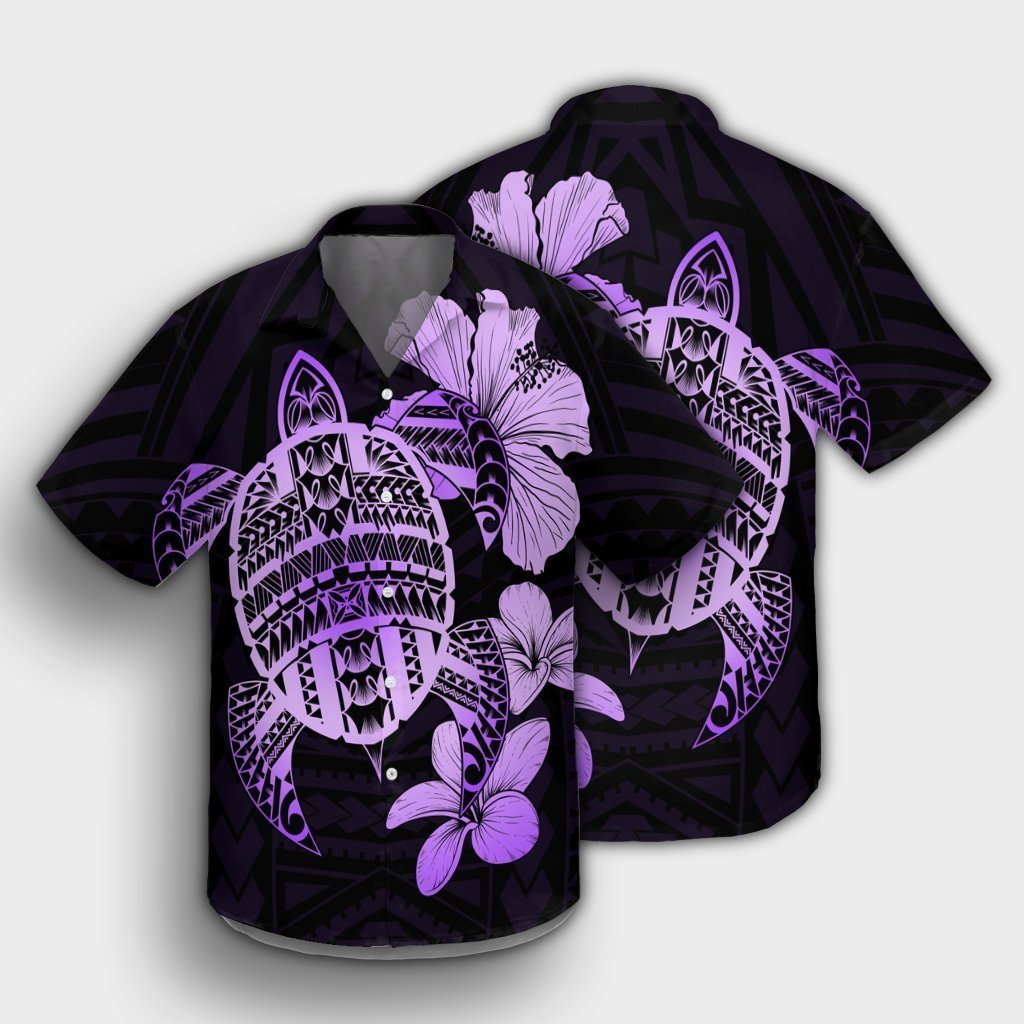 Hawaiian Kanaka Hibiscus Plumeria Mix Polynesian Turtle Hawaiian Shirt - Violet - AH