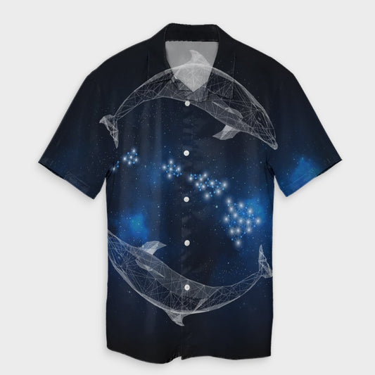 Hawaiian Map Galaxy Zodiac Dolphin White Polynesian Hawaiian Shirt - AH