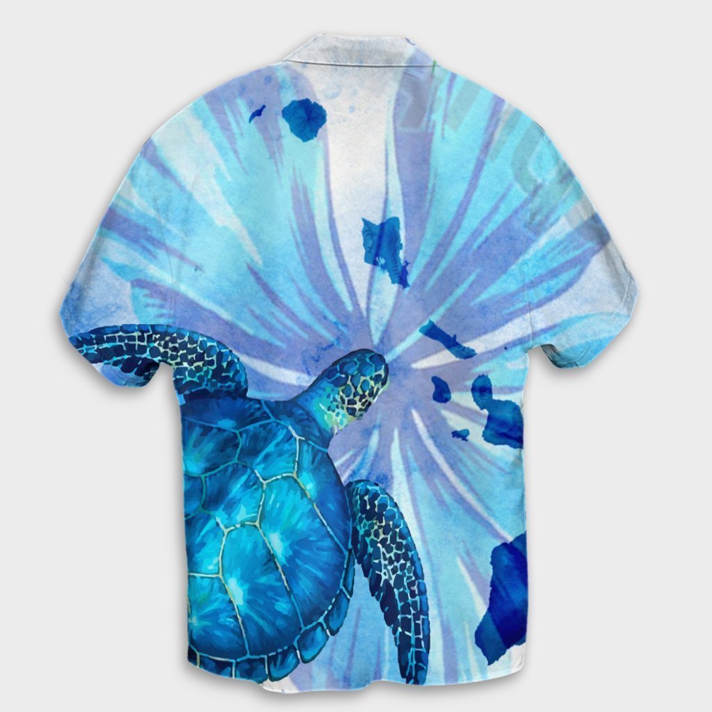 Hawaiian Map Hibiscus Flower Turtle Polynesian Hawaiian Shirt Blue - AH