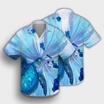 Hawaiian Map Hibiscus Flower Turtle Polynesian Hawaiian Shirt Blue - AH