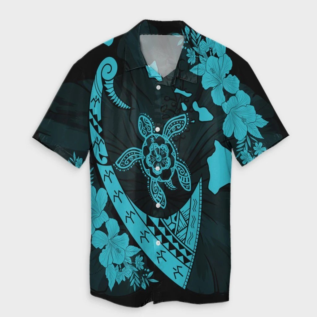 Hawaiian Map Hibiscus Turtle Fish Hook Polynesian Hawaiian Shirt Blue  