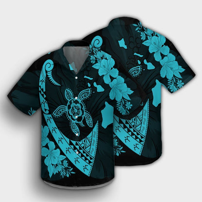 Hawaiian Map Hibiscus Turtle Fish Hook Polynesian Hawaiian Shirt Blue - AH