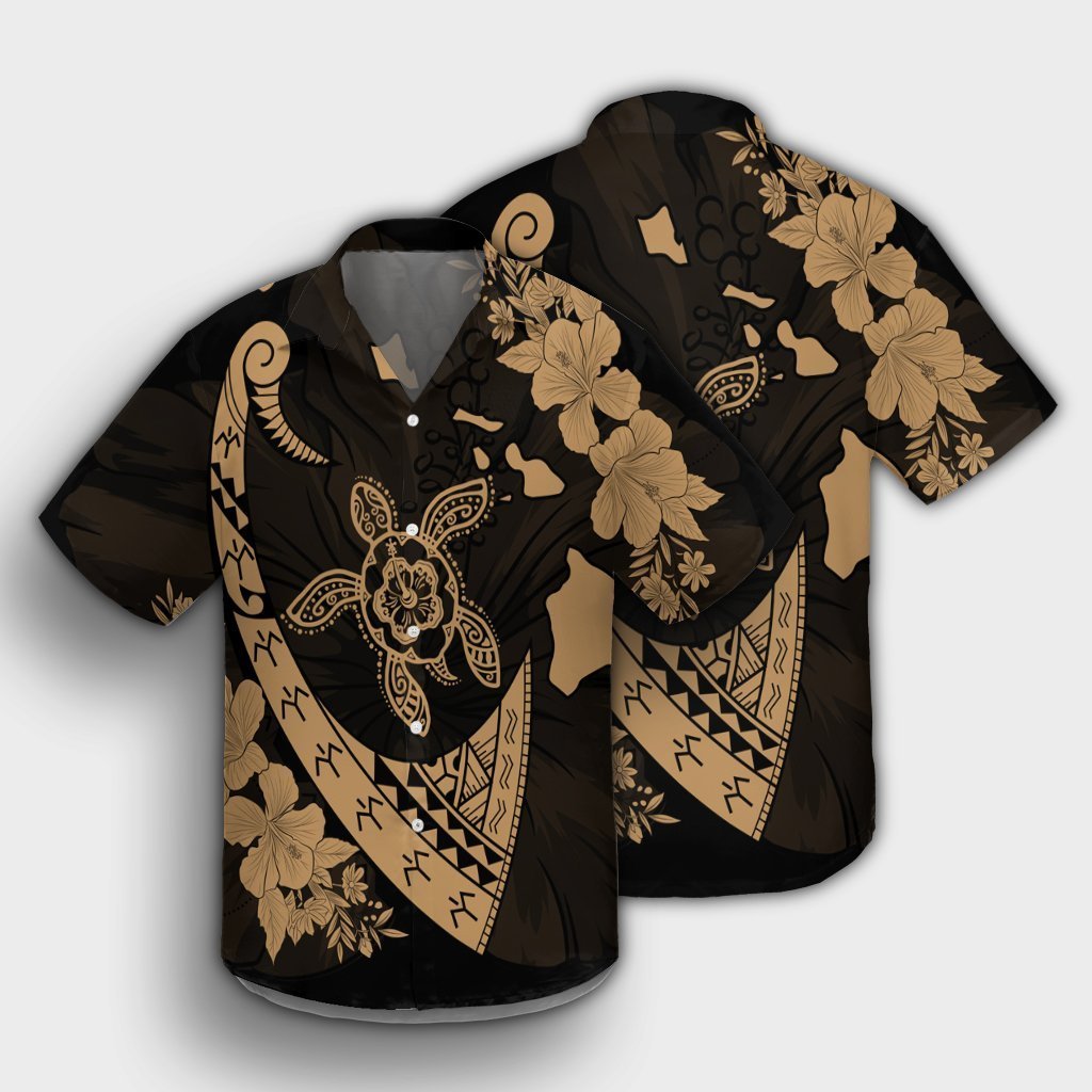 Hawaiian Map Hibiscus Turtle Fish Hook Polynesian Hawaiian Shirt Gold - AH