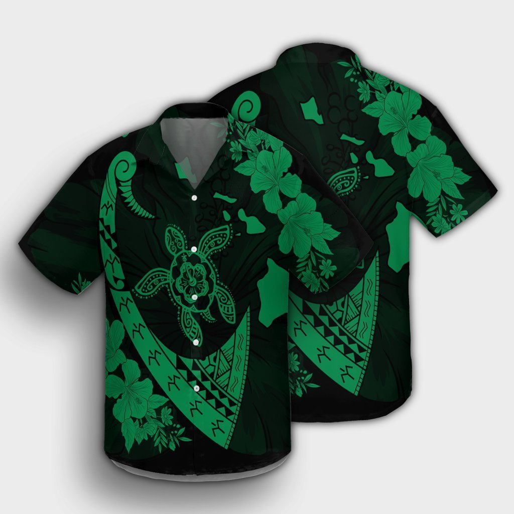 Hawaiian Map Hibiscus Turtle Fish Hook Polynesian Hawaiian Shirt Green - AH