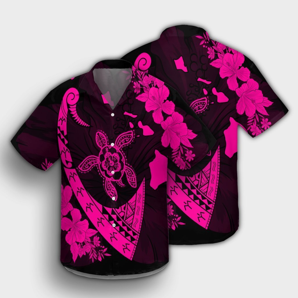 Hawaiian Map Hibiscus Turtle Fish Hook Polynesian Hawaiian Shirt Pink - AH