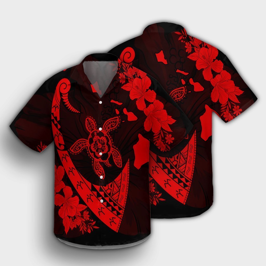 Hawaiian Map Hibiscus Turtle Fish Hook Polynesian Hawaiian Shirt Red - AH