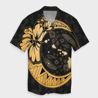 Hawaiian Map Hibiscus Turtle Polynesian Moon Hawaiian Shirt Gold - AH