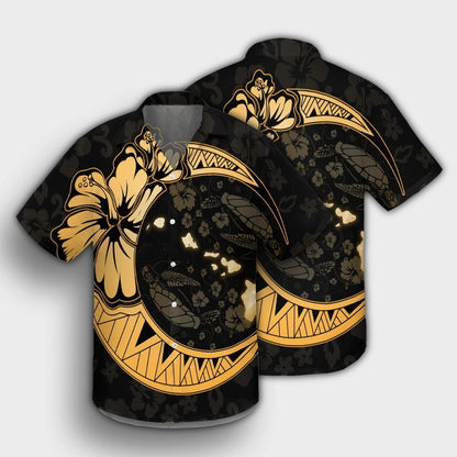 Hawaiian Map Hibiscus Turtle Polynesian Moon Hawaiian Shirt Gold - AH