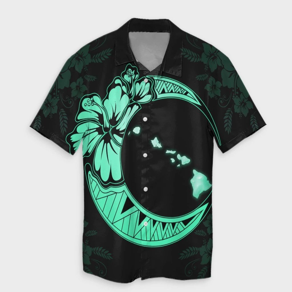 Hawaiian Map Hibiscus Turtle Polynesian Moon Hawaiian Shirt Turquoise  