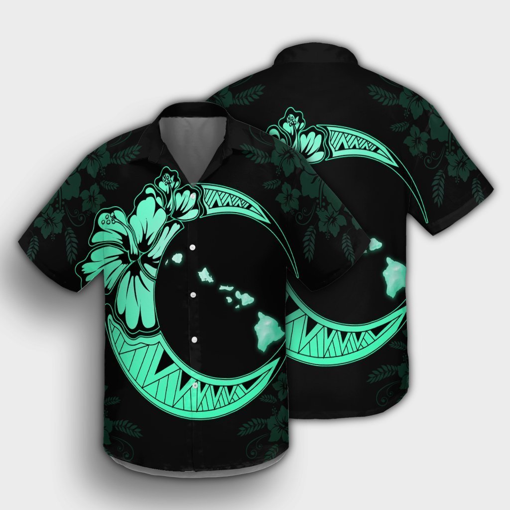 Hawaiian Map Hibiscus Turtle Polynesian Moon Hawaiian Shirt Turquoise - AH