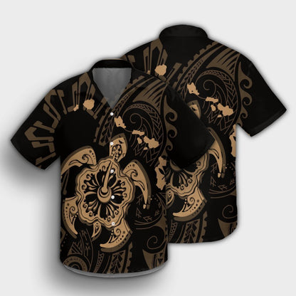 Hawaiian Map Kanaka Hibiscus Turtle Gold Polynesian Hawaiian Shirt - AH