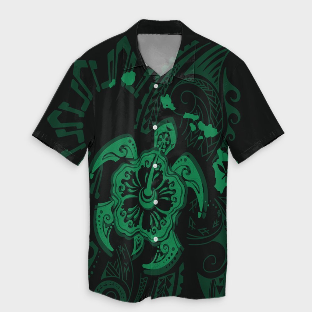 Hawaiian Map Kanaka Hibiscus Turtle Green Polynesian Hawaiian Shirt - AH