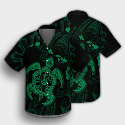 Hawaiian Map Kanaka Hibiscus Turtle Green Polynesian Hawaiian Shirt - AH