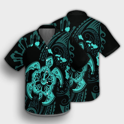 Hawaiian Map Kanaka Hibiscus Turtle Turquoise Polynesian Hawaiian Shirt - AH