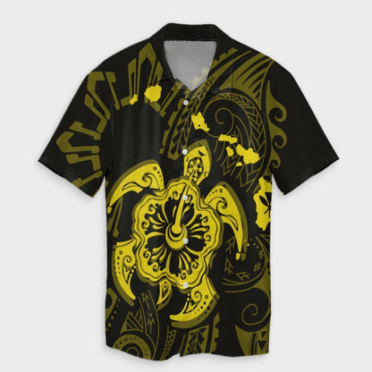 Hawaiian Map Kanaka Hibiscus Turtle Yellow Polynesian Hawaiian Shirt - AH