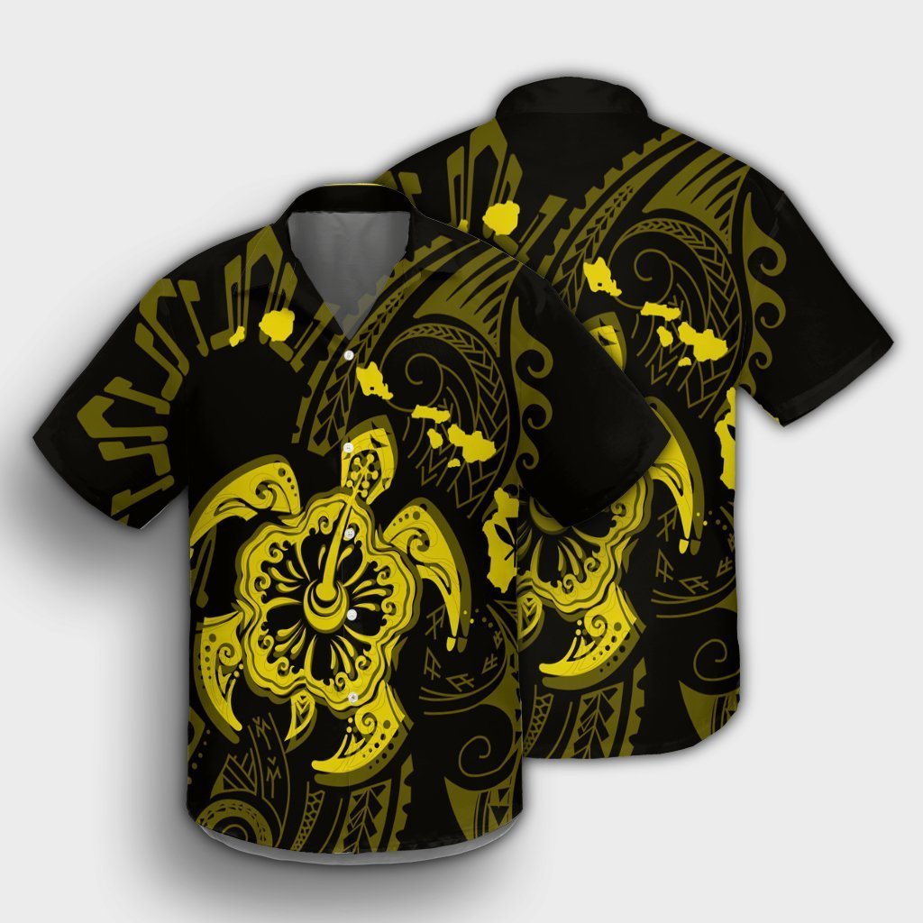 Hawaiian Map Kanaka Hibiscus Turtle Yellow Polynesian Hawaiian Shirt - AH