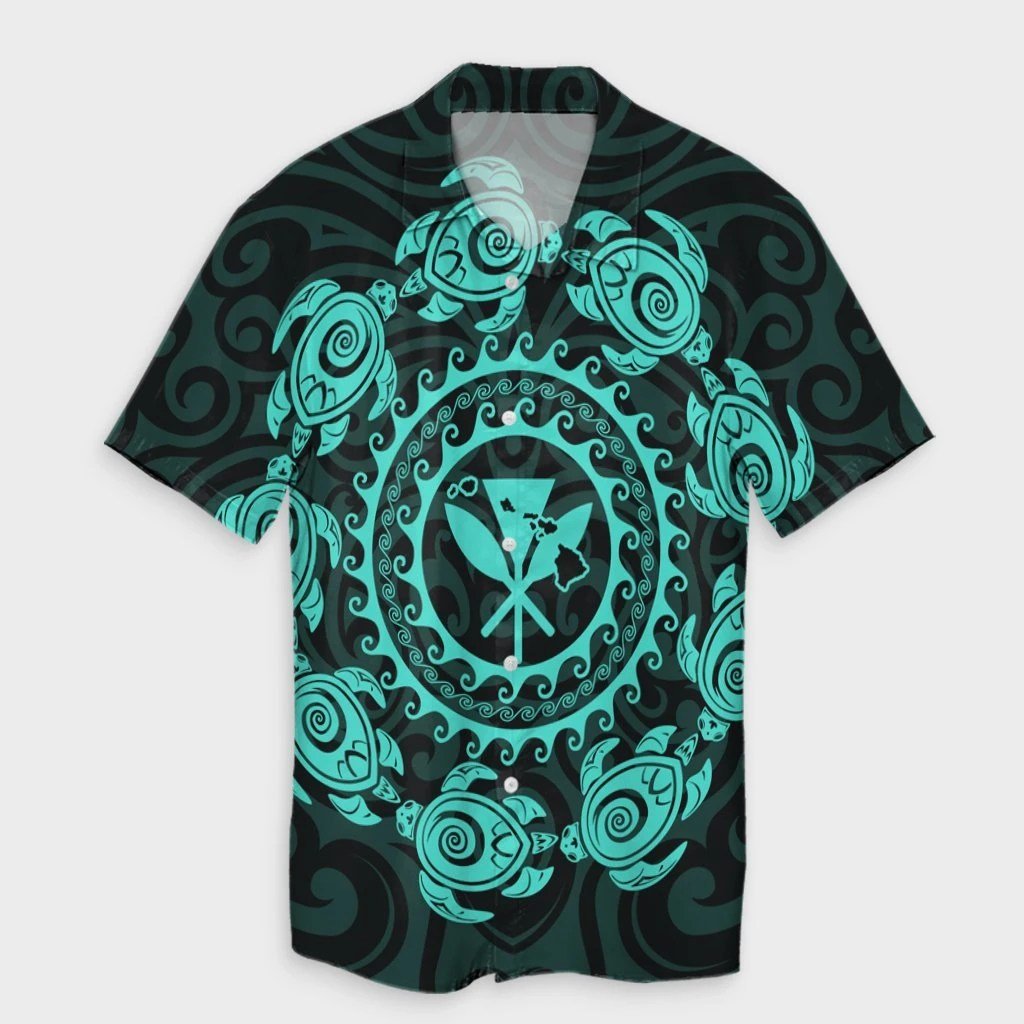 Hawaiian Map Kanaka Turtles Circle Style Turquoise Polynesian Hawaiian Shirt  