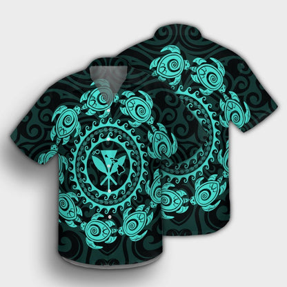 Hawaiian Map Kanaka Turtles Circle Style Turquoise Polynesian Hawaiian Shirt - AH