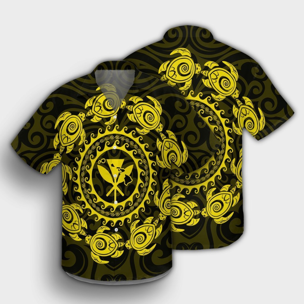 Hawaiian Map Kanaka Turtles Circle Style Yellow Polynesian Hawaiian Shirt - AH