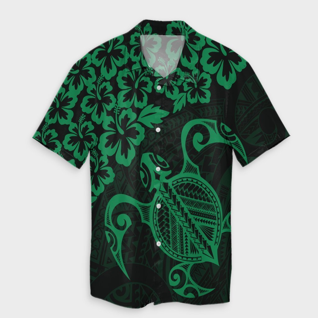 Hawaiian Map Turtle Hibiscus Kanaka Polynesian Hawaiian Shirt - Green - AH