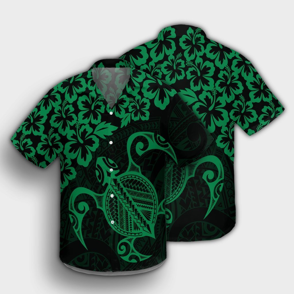 Hawaiian Map Turtle Hibiscus Kanaka Polynesian Hawaiian Shirt - Green - AH