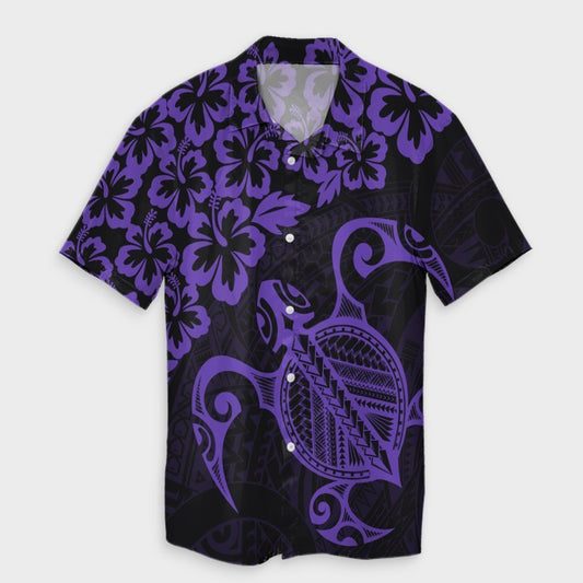 Hawaiian Map Turtle Hibiscus Kanaka Polynesian Hawaiian Shirt - Purple - AH