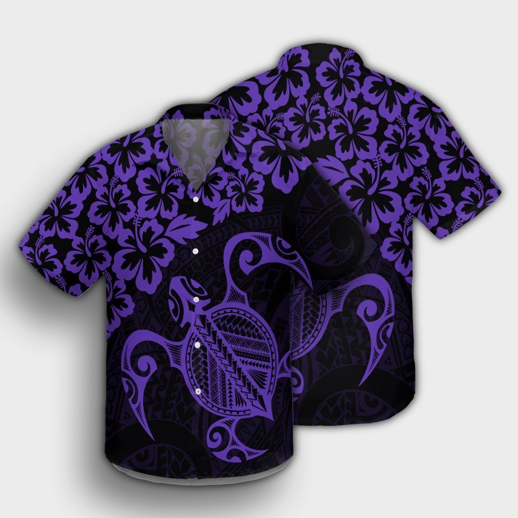 Hawaiian Map Turtle Hibiscus Kanaka Polynesian Hawaiian Shirt - Purple - AH