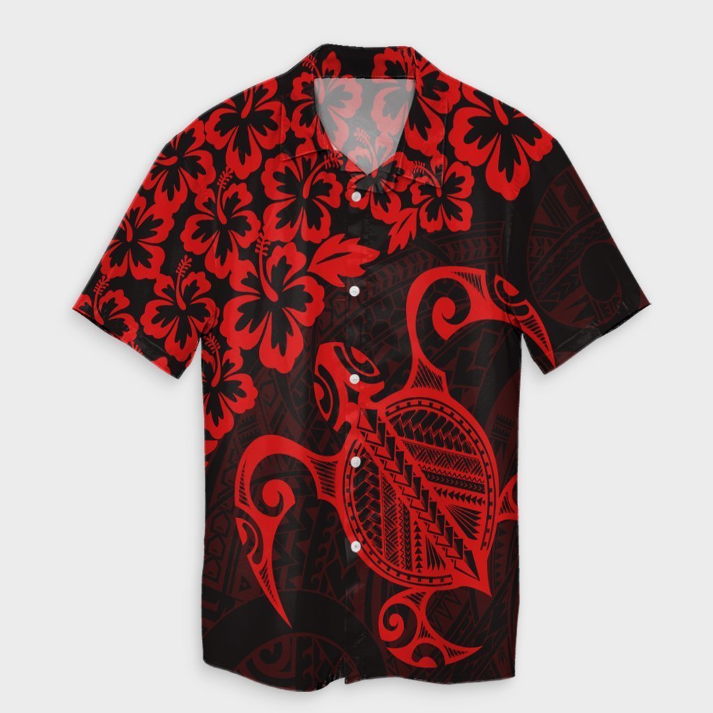 Hawaiian Map Turtle Hibiscus Kanaka Polynesian Hawaiian Shirt - Red - AH