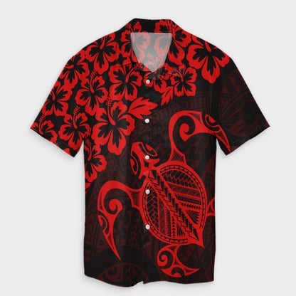 Hawaiian Map Turtle Hibiscus Kanaka Polynesian Hawaiian Shirt - Red - AH