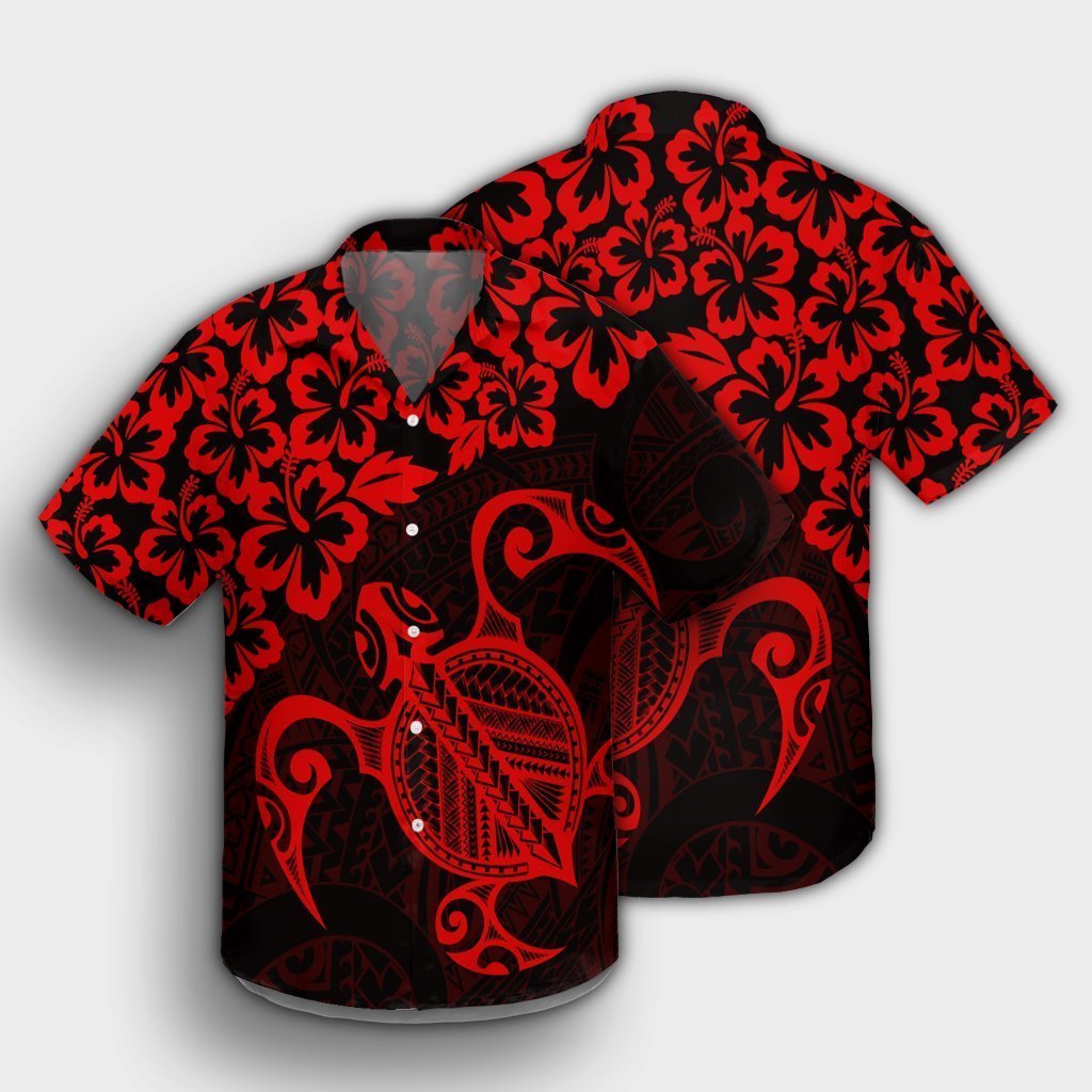 Hawaiian Map Turtle Hibiscus Kanaka Polynesian Hawaiian Shirt - Red - AH