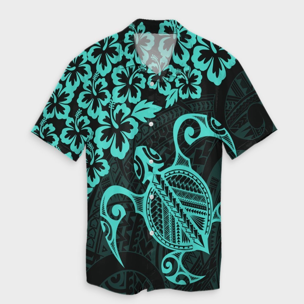 Hawaiian Map Turtle Hibiscus Kanaka Polynesian Hawaiian Shirt - Turquoise - AH