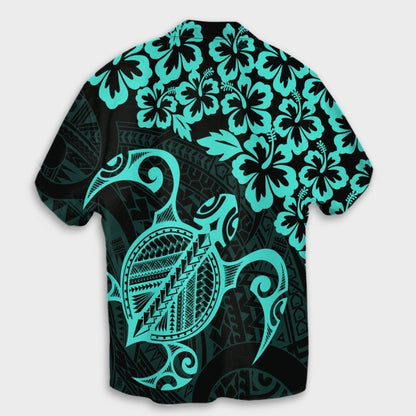 Hawaiian Map Turtle Hibiscus Kanaka Polynesian Hawaiian Shirt - Turquoise - AH