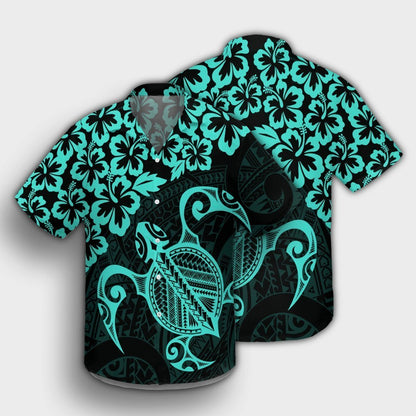 Hawaiian Map Turtle Hibiscus Kanaka Polynesian Hawaiian Shirt - Turquoise - AH