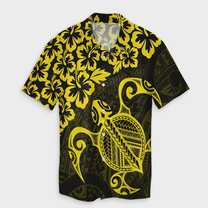 Hawaiian Map Turtle Hibiscus Kanaka Polynesian Hawaiian Shirt - Yellow - AH