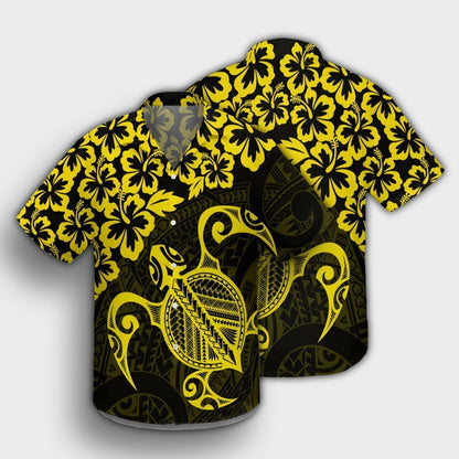 Hawaiian Map Turtle Hibiscus Kanaka Polynesian Hawaiian Shirt - Yellow - AH