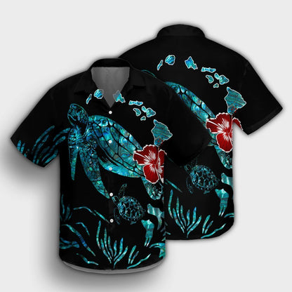 Hawaiian Map Turtle Hibiscus Ohana Honu Paua Shell Hawaiian Shirt - AH