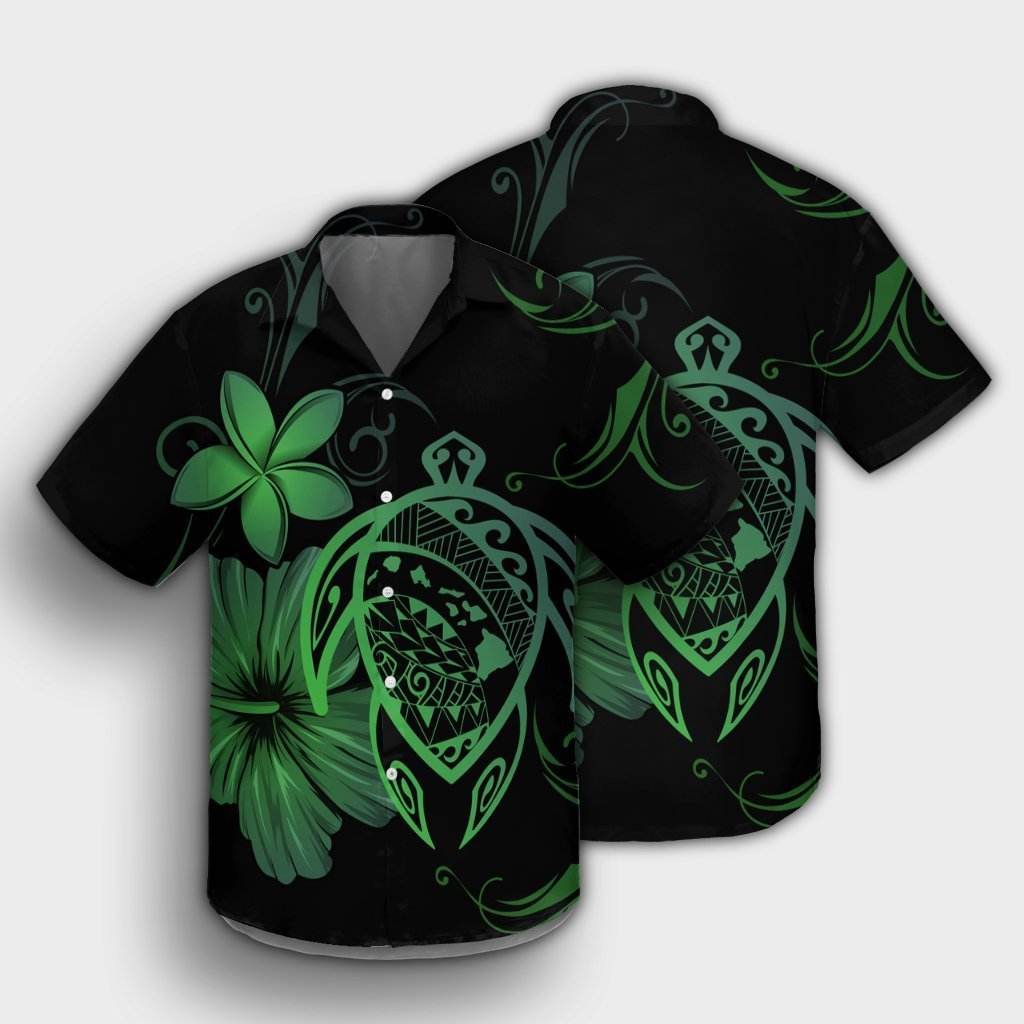 Hawaiian Map Turtle Hibiscus Plumeria Polynesian Hawaiian Shirt - Green - AH