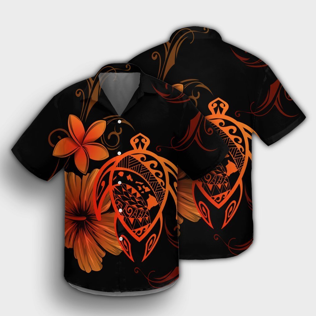 Hawaiian Map Turtle Hibiscus Plumeria Polynesian Hawaiian Shirt - Orange - AH