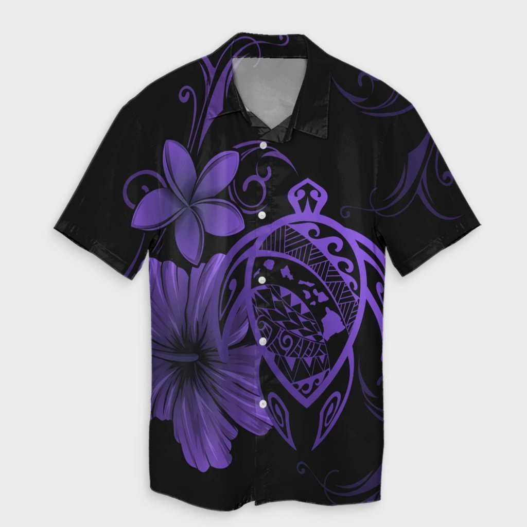 Hawaiian Map Turtle Hibiscus Plumeria Polynesian Hawaiian Shirt - Purple - AH