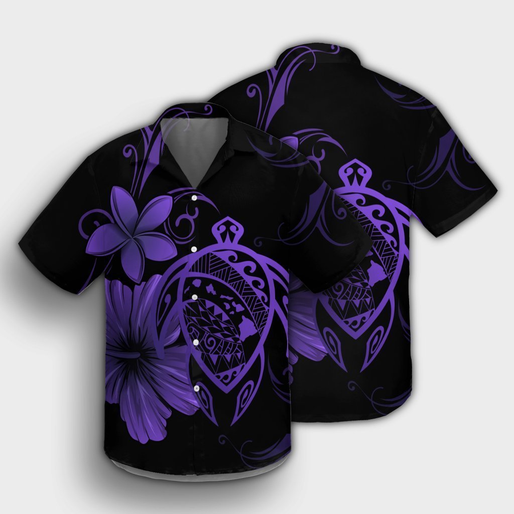 Hawaiian Map Turtle Hibiscus Plumeria Polynesian Hawaiian Shirt - Purple - AH