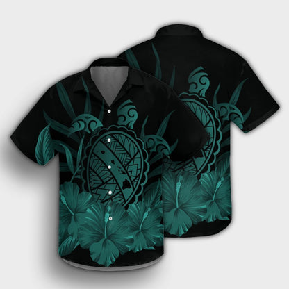 Hawaiian Map Turtle Hibiscus Polynesian Hawaiian Shirt - Turquoise - AH