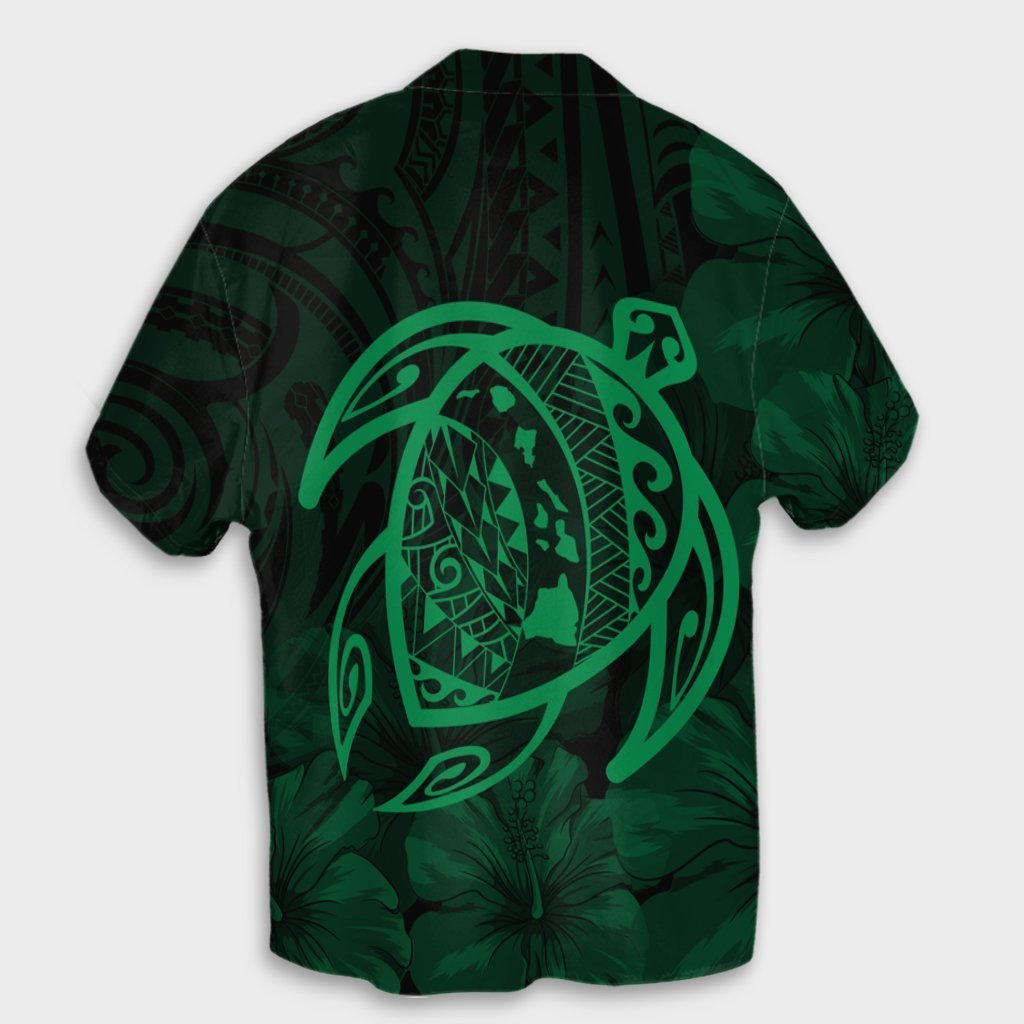 Hawaiian Map Turtle Kanaka Hibiscus Polynesian Hawaiian Shirt - Green - AH