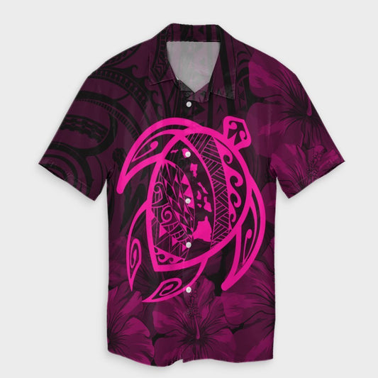 Hawaiian Map Turtle Kanaka Hibiscus Polynesian Hawaiian Shirt - Pink - AH