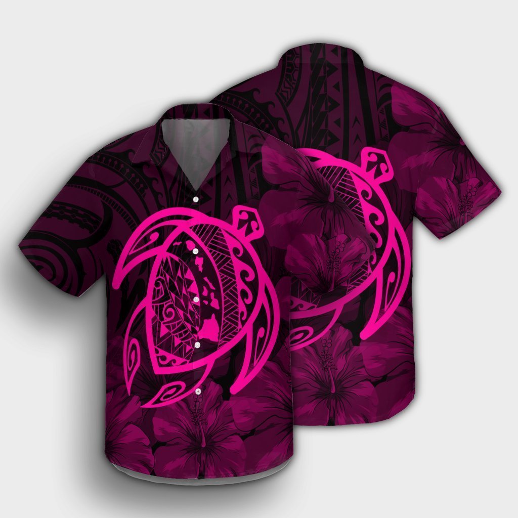 Hawaiian Map Turtle Kanaka Hibiscus Polynesian Hawaiian Shirt - Pink - AH