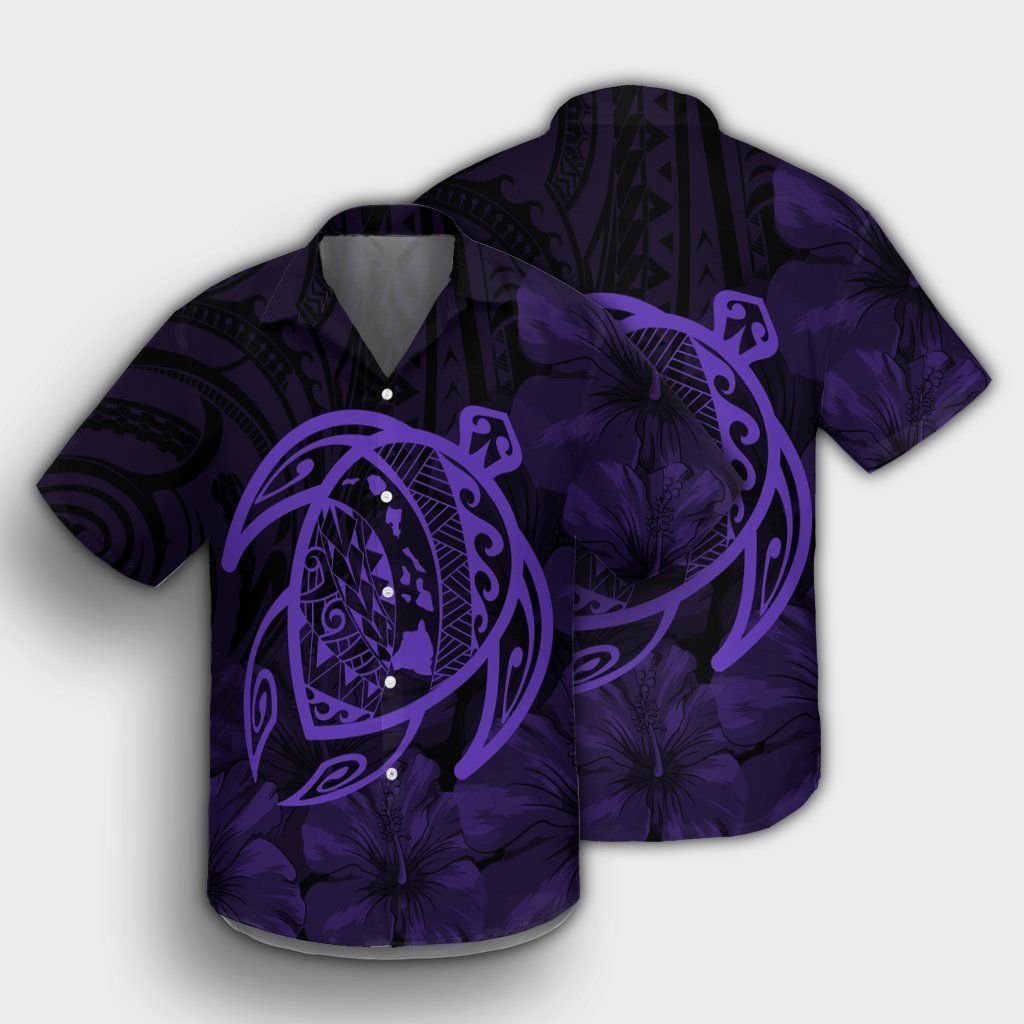 Hawaiian Map Turtle Kanaka Hibiscus Polynesian Hawaiian Shirt - Purple - AH