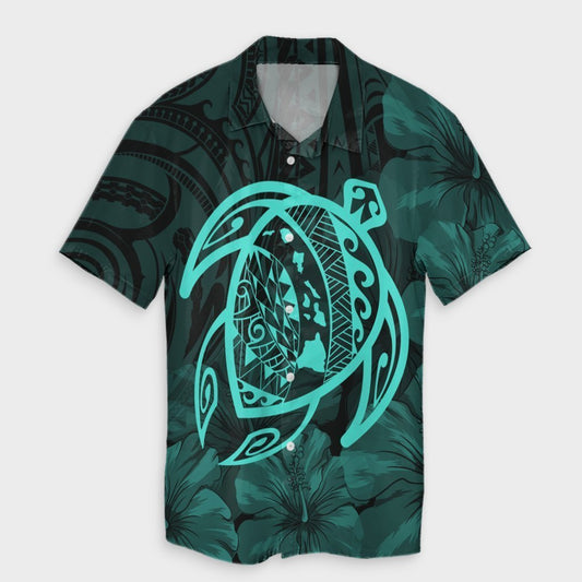 Hawaiian Map Turtle Kanaka Hibiscus Polynesian Hawaiian Shirt - Turquoise - AH